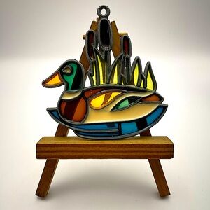 Vintage, Stained Glass/Metal Window Suncatcher, Duck on a Pond with Cattails